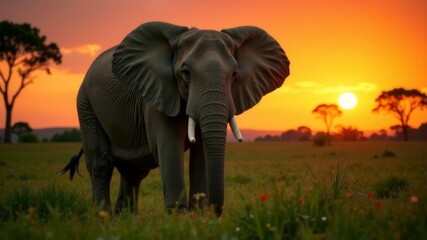 Obraz premium an elephant standing in the middle of a field at sunset, surrounded by lush green grass and tall trees in the background The sky is a beautiful mix of oranges