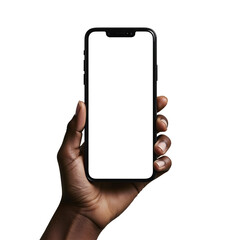 hand holding smartphone mockup with a Transparent screen as png isolated on empty background, mobile phone hand mockup