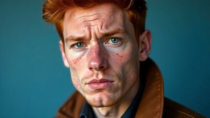 Obraz premium man with red hair and freckles wearing brown jacket on blue background.