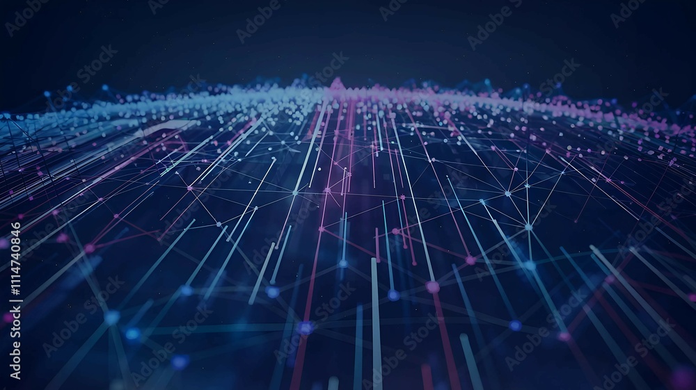 Poster abstract futuristic digital background with glowing purple and blue lines forming a grid pattern rep