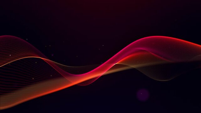 Red wave on black background. Glowing wave motion video mockup. Looping vector wave glowing particles. Blurred smoke. Red lines dots. Flowing red tones on dark background. 60 fps, 4k.
