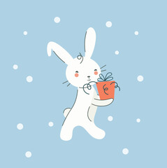Cute Christmas bunny giving a gift. Funny character for design, print, cards, posters. Flat cartoon vector holiday illustration.
