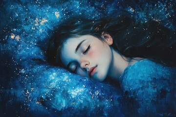 A dreamy depiction of a girl sleeping under a starlit sky, her form blending seamlessly into the textured oil-paint heavens --ar 3:2 --v 6.1 Job ID: 073dac43-2348-4b9f-8a77-a367fefe3d25