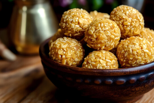 Til ke ladoo dish. Illustration for festival of lohri. Traditional dish for celebrate the holiday Lori, Makar Sankranti, Magh Bihu, Pongal
