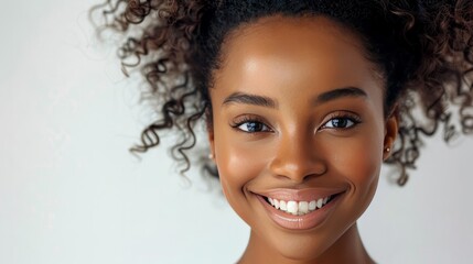 Smiling African American woman with natural curls, glowing skin, and a cheerful expression in a close-up portrait