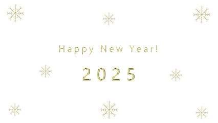 New Year's Wishes 2025. New Year's message with gold letters and numbers on transparent background with decorative gold snowflakes, PNG format.
