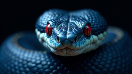 Obraz premium a close up of a blue snake with red eyes against a black background