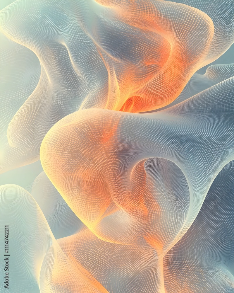 Poster An abstract composition featuring flowing pastel hues of orange and blue, creating a sense of movement and depth with soft, wave-like patterns.