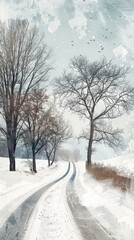 Fototapeta premium Peaceful and serene snowy landscape with a winding path leading through a forest of bare trees under a dreamy wintry sky The tranquil