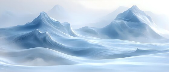 Obraz premium A serene winter landscape depicting soft, undulating snow-covered mountains in shades of blue, creating a tranquil, dreamy atmosphere.