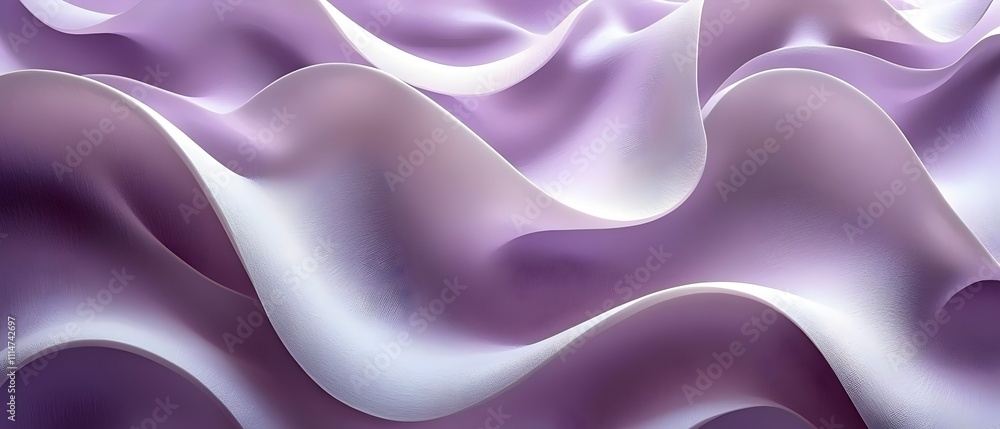 Poster an abstract close-up of flowing fabric in soft lavender and white hues, creating a serene and elegan