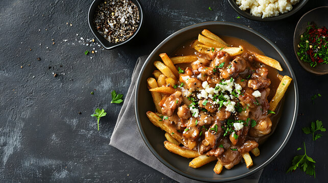 Delicious canadian poutine gravy, homemade dish fast food, traditional unhealthy junk bowl, cheese curds french fries, tasty cuisine appetizer top view.