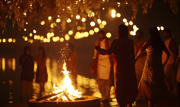 People dancing around a Bonfire wearing traditional clothes. festival of lohri or Holi or Holika Dahan celebration concept.	