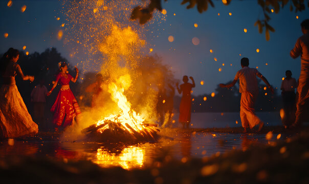 People dancing around a Bonfire wearing traditional clothes. festival of lohri or Holi or Holika Dahan celebration concept.	
