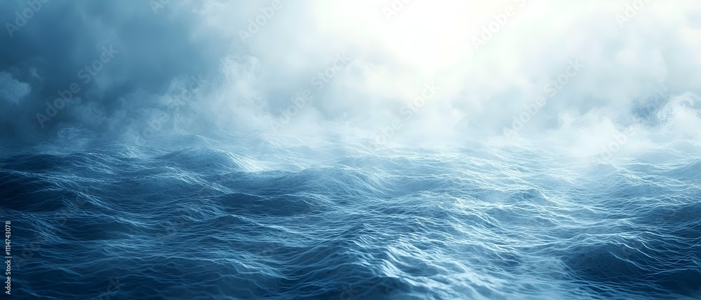 Poster a serene view of a vast ocean under a cloudy sky, capturing the gentle waves and misty atmosphere. t