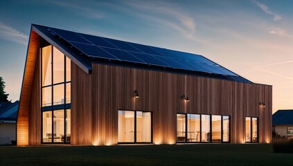 Fototapeta premium Modern Sustainable Home: An exterior view of a stunning modern home with solar panels on the roof, showcasing a commitment to eco-friendly living and a sleek, contemporary design. 