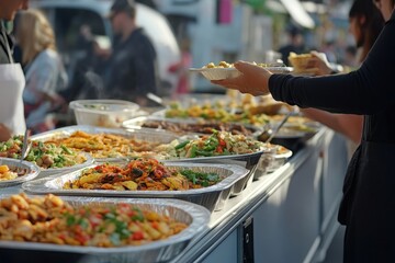 Food vendors offering diverse dishes at a busy market. Generative AI