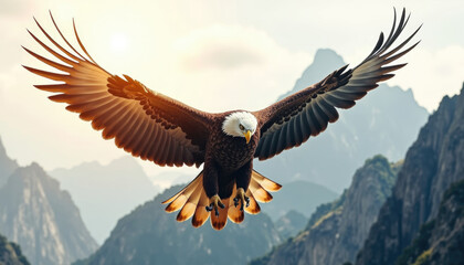 Obraz premium A majestic bald eagle in flight soaring over a breathtaking mountain range.