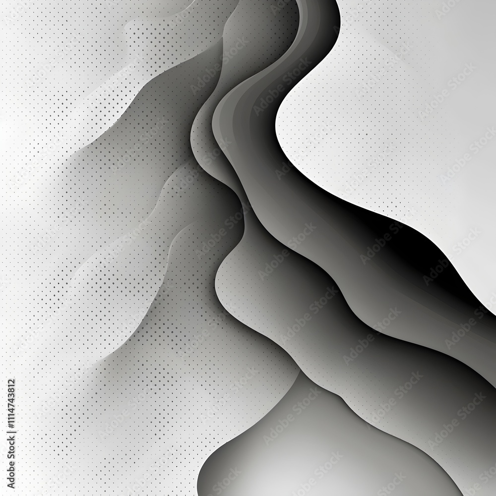 Poster an abstract black and white design featuring flowing curves and gradients, creating a sense of depth