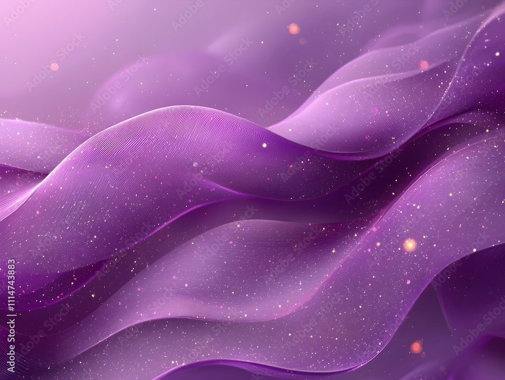 Aufkleber an abstract wave of flowing, translucent purple fabric illuminated by sparkling particles, creating 