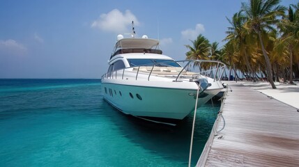 A luxury yacht is elegantly docked by a tranquil tropical island, with azure waters and swaying palm trees, suggesting opulence and serenity.