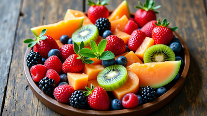 Obraz premium top-down view of a colorful fruit platter featuring berries, melons, and kiwi on a rustic wooden table