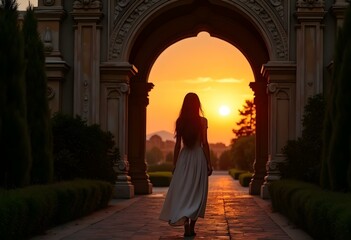 Silhouette of a Lady in a White Dress Walking Through an Ancient Archway Entrance