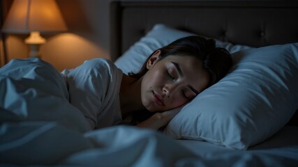 A young woman peacefully sleeping in a cozy bed with soft blankets and warm lighting at night