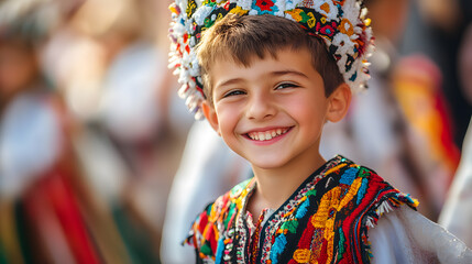 Fototapeta premium Happy boy kid child, vibrant folklore ethnic national, traditional bulgaria costume culture, authentic folk heritage, festive cultural celebration.