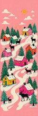 Fototapeta premium Modern Naïve Christmas Village Pink Bookmark – Snowy Scene with Reindeer and Pines