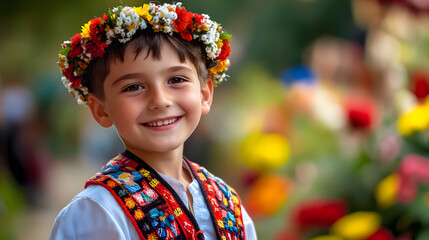 Happy boy kid child, vibrant folklore ethnic national, traditional bulgaria costume culture, authentic folk heritage, festive cultural celebration.