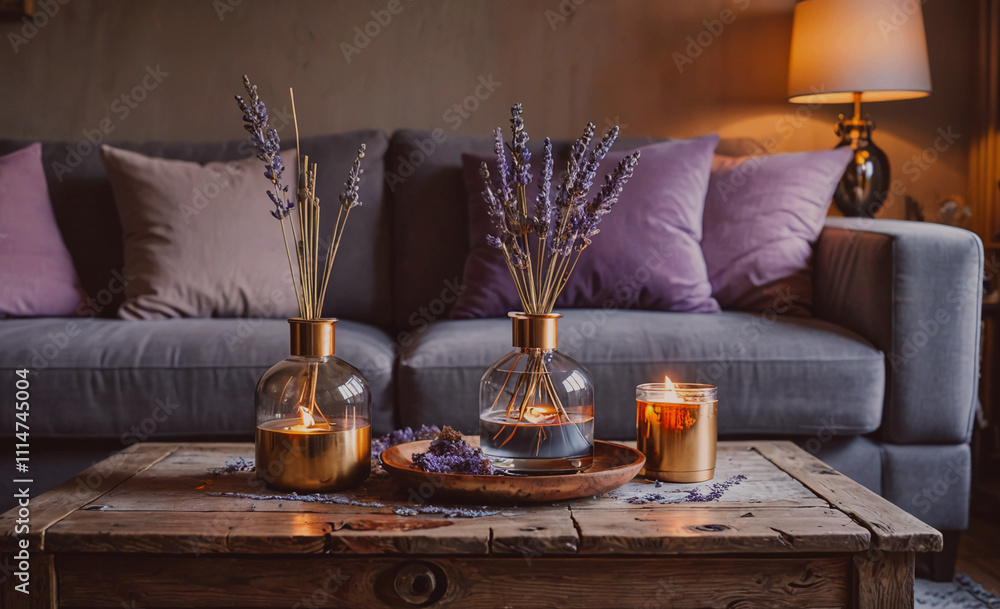 Poster table with a vase of lavender flowers and candles. there are two vases on the table, one of which is