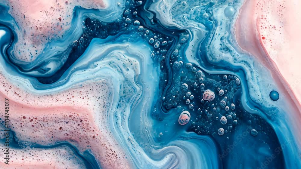 Poster swirling blue and pink abstract patterns with bubbles in a fluid art composition created in a studio