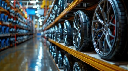 Fototapeta premium Rows of car tires and rims neatly stocked on shelves in a warehouse.