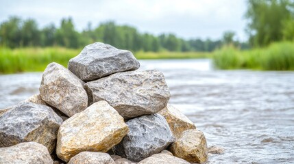 Tranquil River Scene with a Pile of Smooth River Rocks