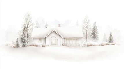 Naklejka premium Serene Winter Cottage Surrounded by Soft Snowy Landscape and Trees