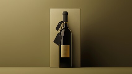 A premium wine box mockup with a subtle black sale tag hanging from the neck, complemented by minimalist gold branding on the label