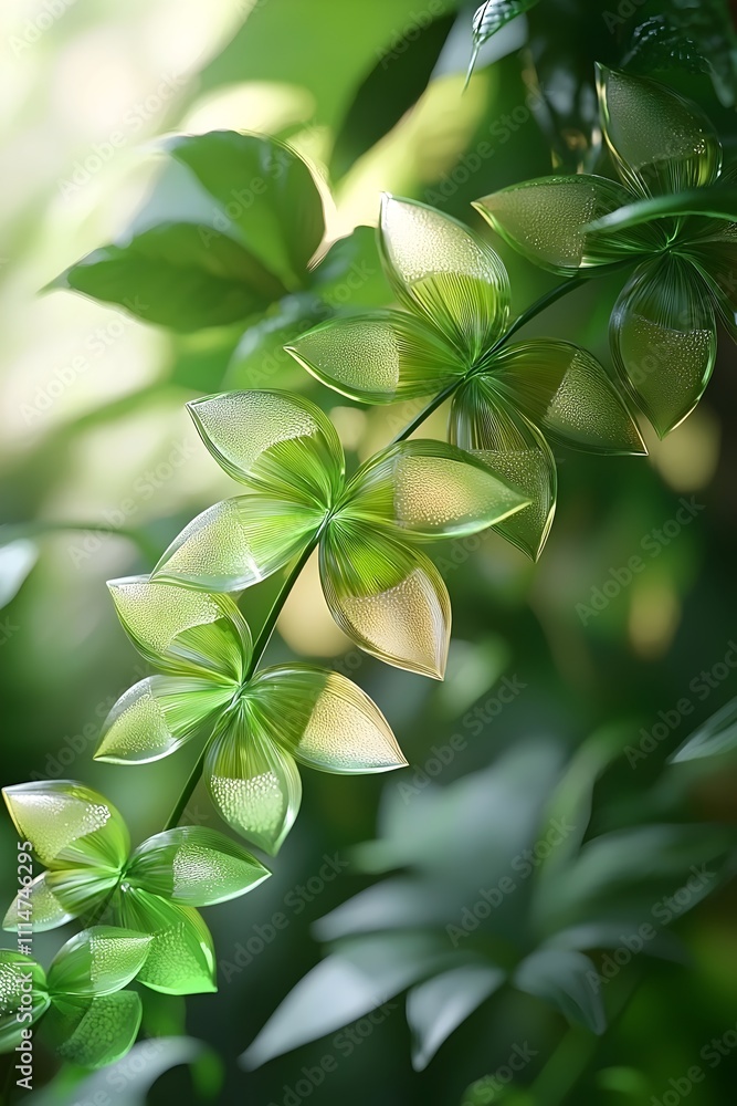 Poster a close-up of delicate green leaves with a unique translucent texture, creating a serene and fresh a
