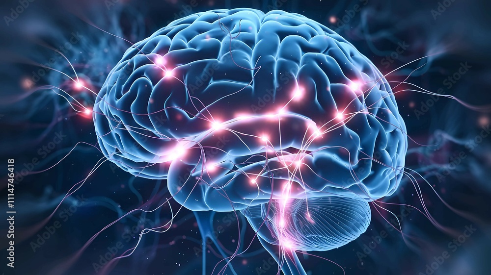 Poster a glowing brain with interconnected pathways, representing artificial intelligence, neuroscience, an