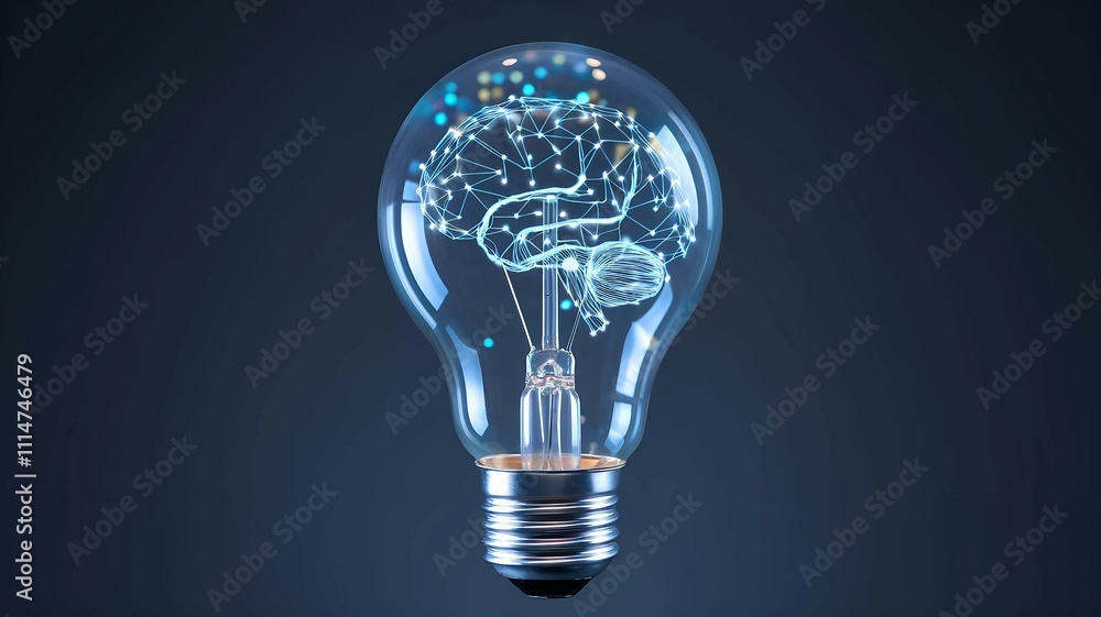 Poster creative concept of innovation showing a glowing light bulb with a digital brain inside symbolizing 