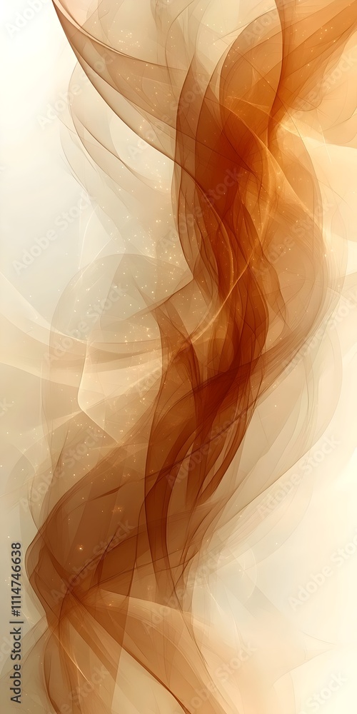 Poster an abstract composition featuring flowing, translucent waves in shades of warm brown and cream, crea