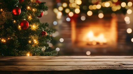 Merry Christmas stone podium mock up background. Winter empty pedestal, front view. Christmas tree with Illumination and fireplace