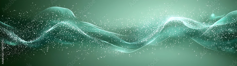 Poster a captivating abstract design featuring flowing green waves with sparkling particles, creating a ser