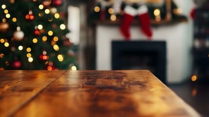 Merry Christmas stone podium mock up background. Winter empty pedestal, front view. Christmas tree with Illumination and fireplace