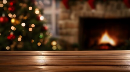 Merry Christmas stone podium mock up background. Winter empty pedestal, front view. Christmas tree with Illumination and fireplace