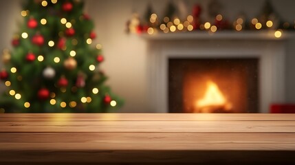 Merry Christmas stone podium mock up background. Winter empty pedestal, front view. Christmas tree with Illumination and fireplace
