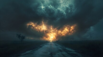 Obraz premium Tornado, storm, thunder, lightning, natural disaster, dark clouds, road scene, dramatic sky, explosive impact, weather phenomenon