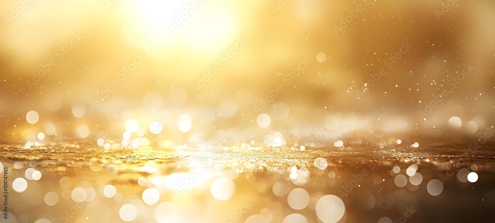 Poster a shimmering, golden abstract background with soft bokeh lights, creating a warm and dreamy atmosphe