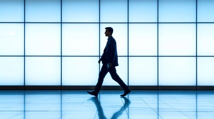 A profile portrait of a man walking in a contemporary minimalist office. 