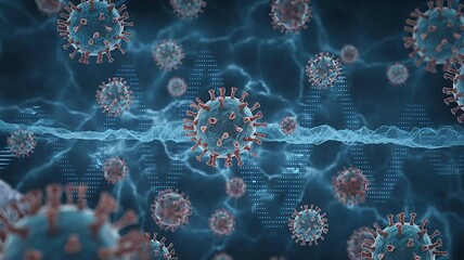 a close-up view of microscopic viruses floating in a blue biological environment, symbolizing research on diseases and health care